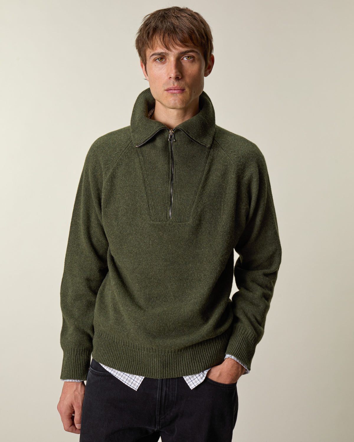 Pull col zippé en cachemire Kaki Homme