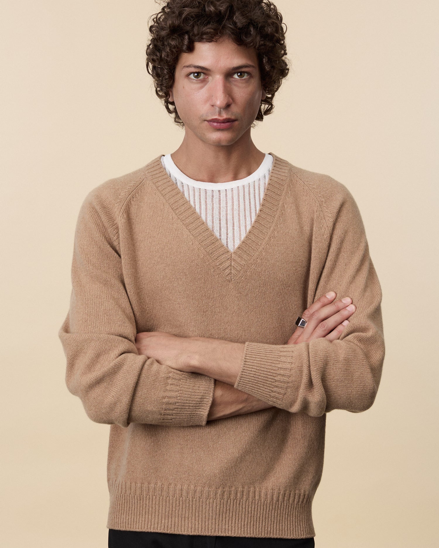 Men's Camel cashmere V-neck