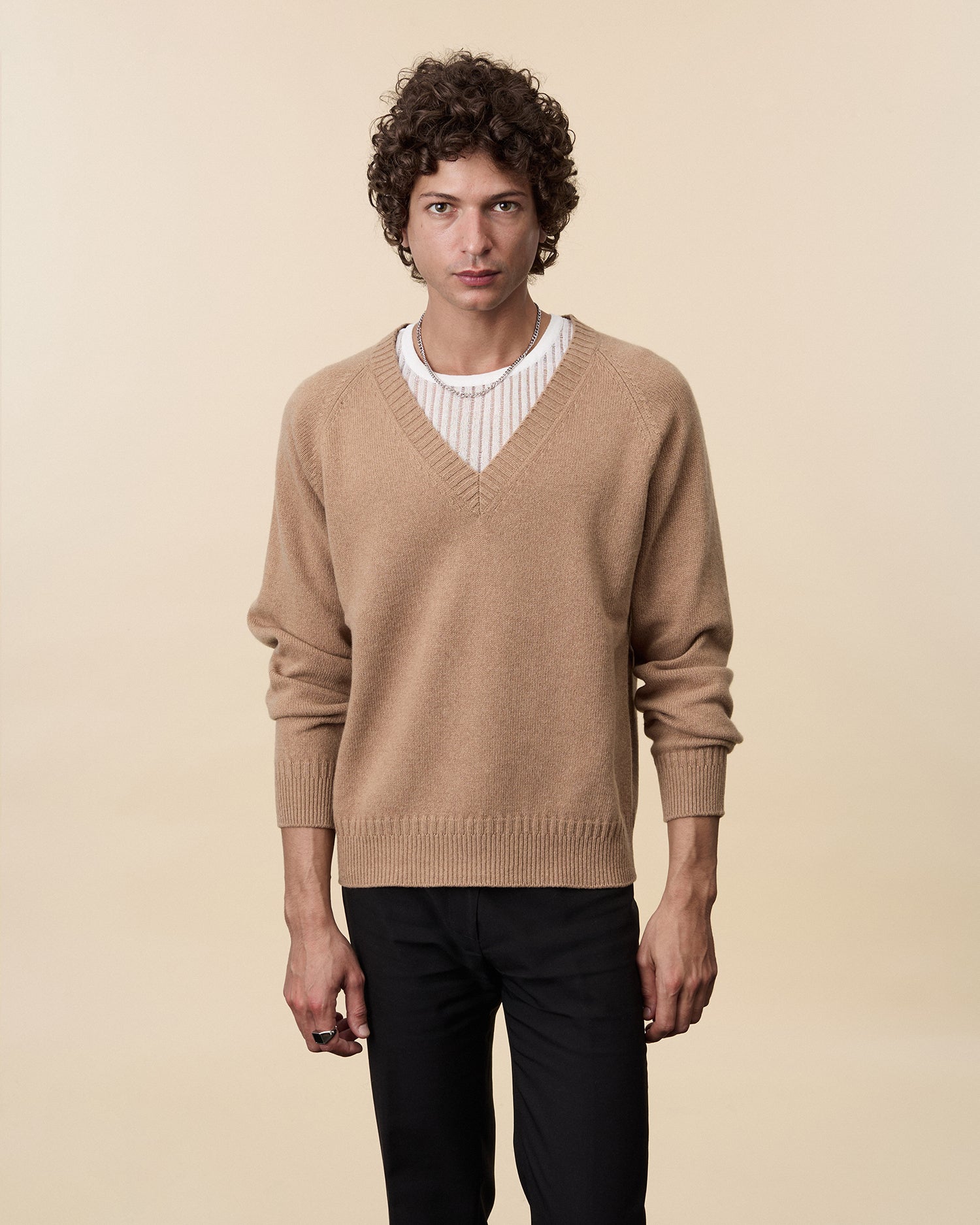 Men's Camel cashmere V-neck