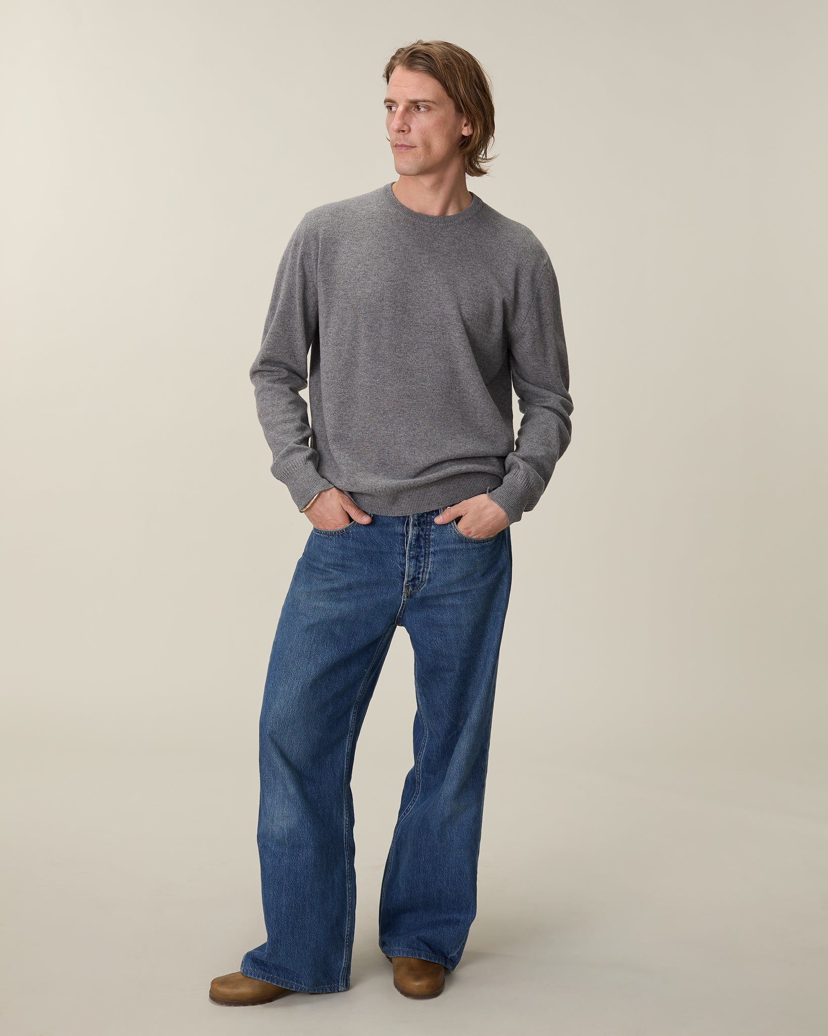 Pull col rond cachemire léger Gris homme - Tricot