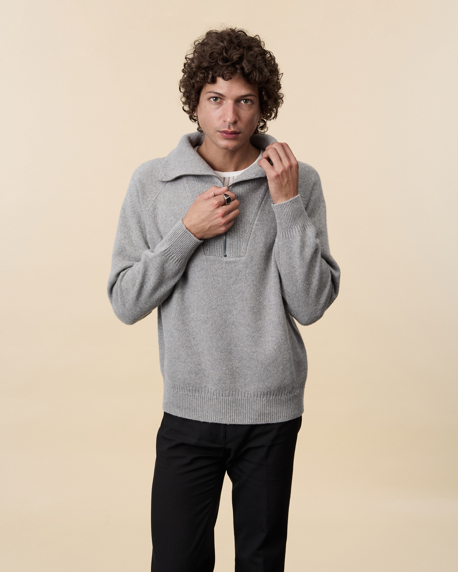 Pull col zippé en cachemire Gris Homme