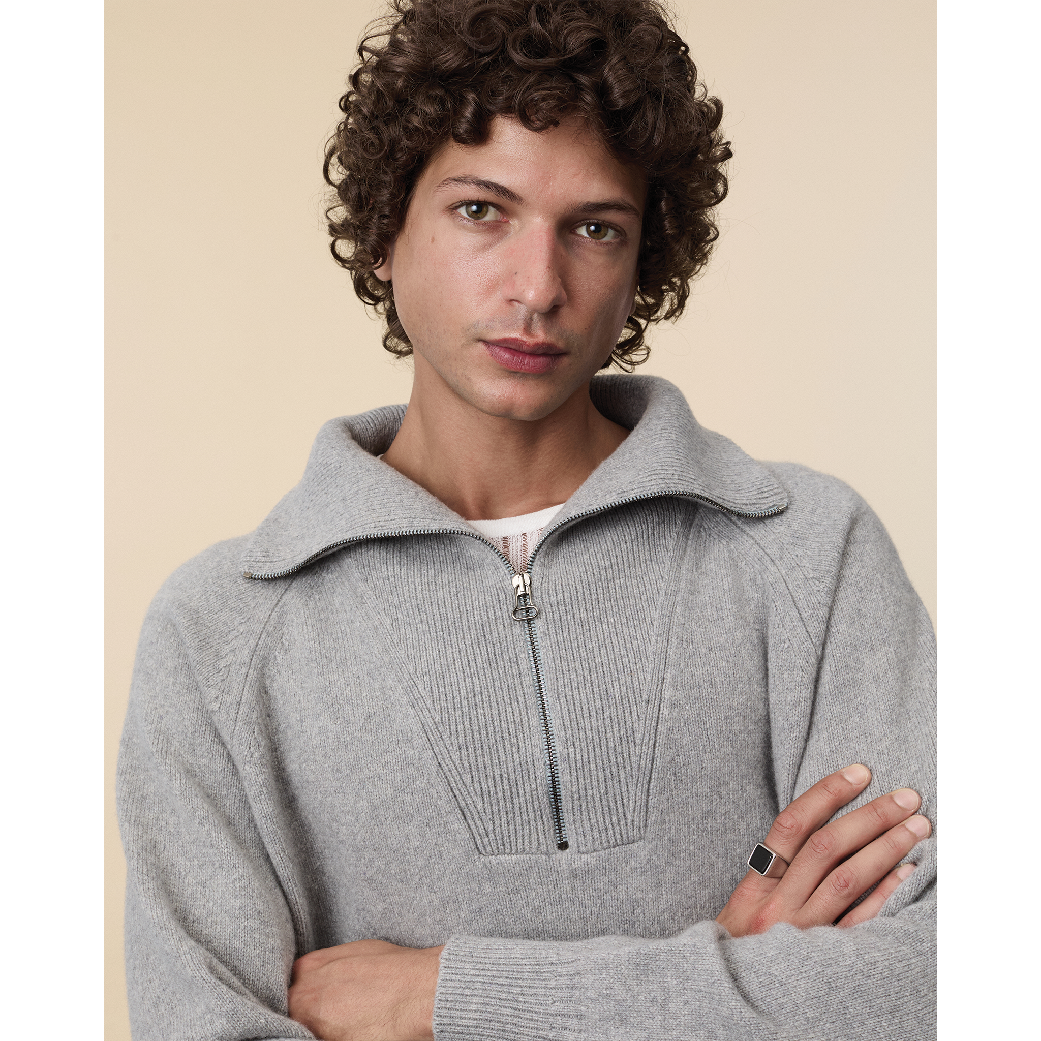 Pull col zippé en cachemire Gris Homme