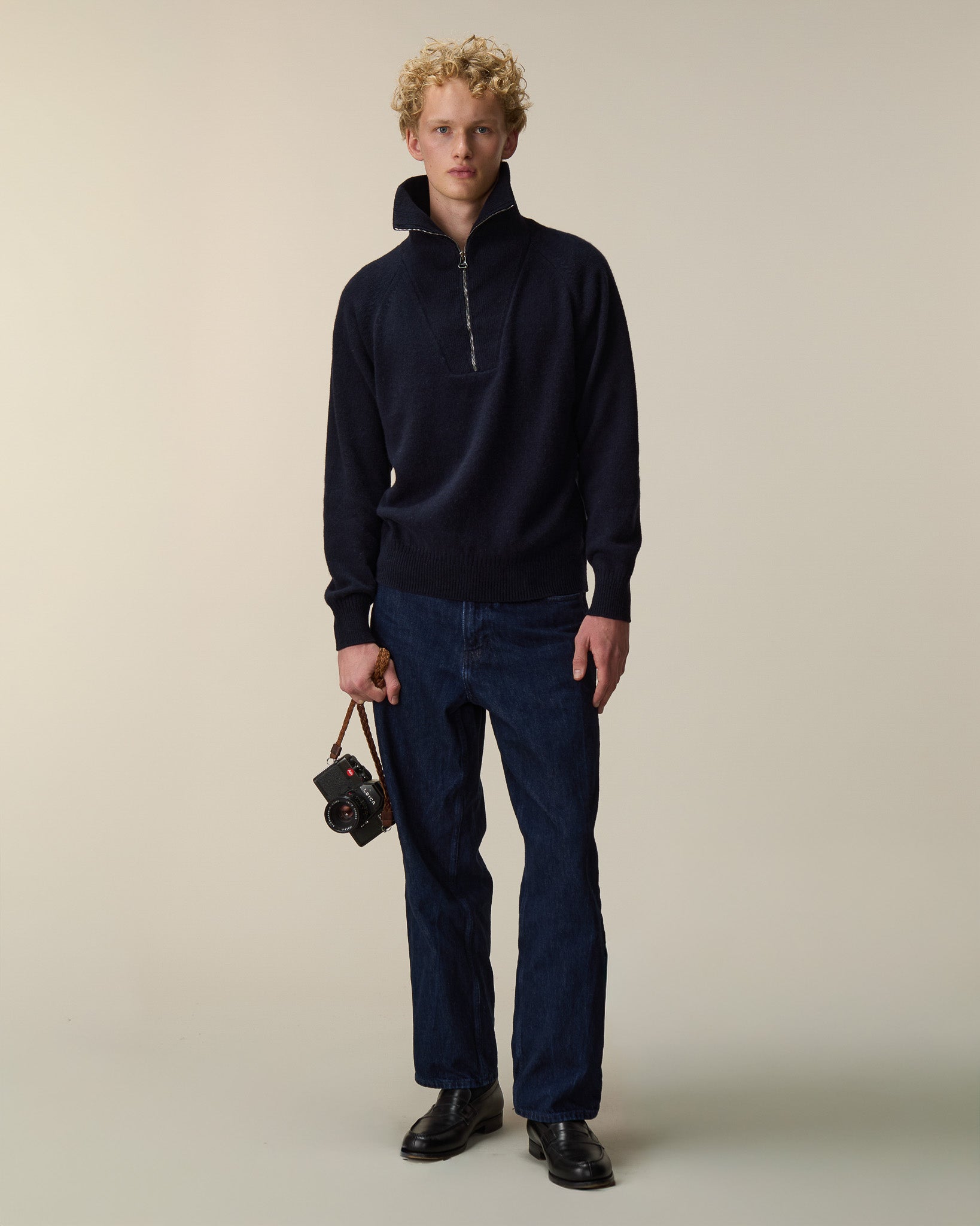 Men's dark navy cashmere zip collar