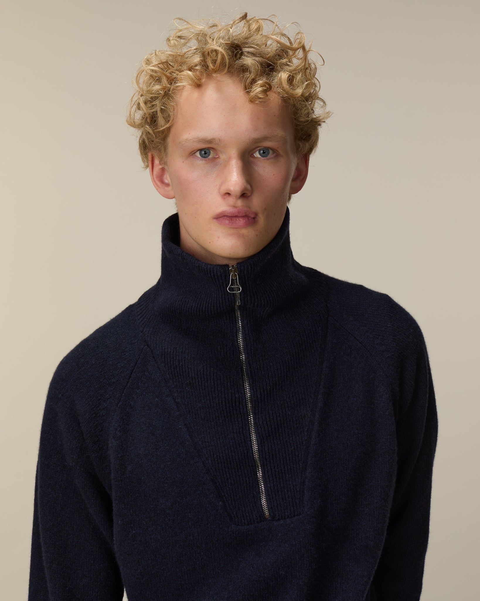 Men's dark navy cashmere zip collar