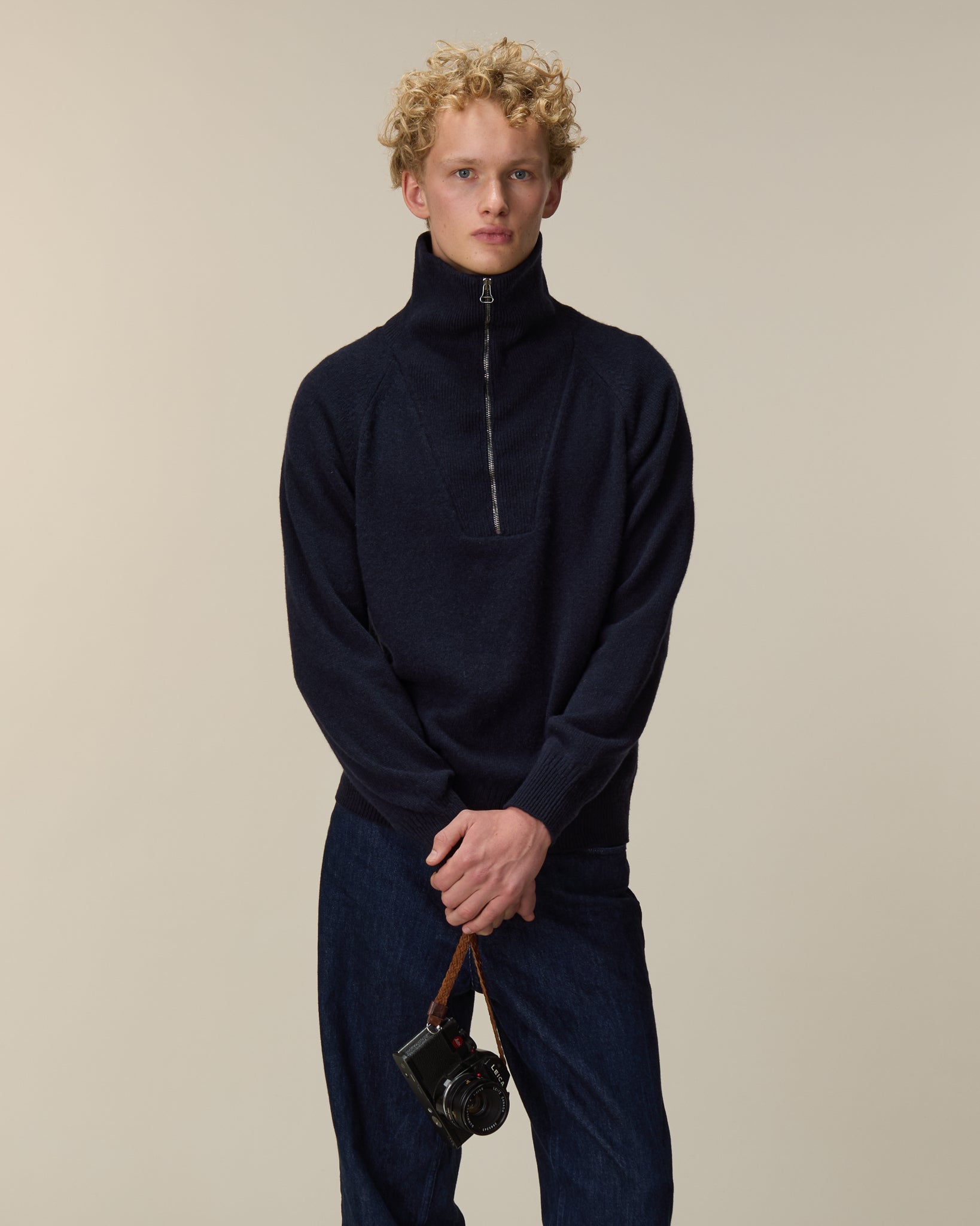 Men's dark navy cashmere zip collar