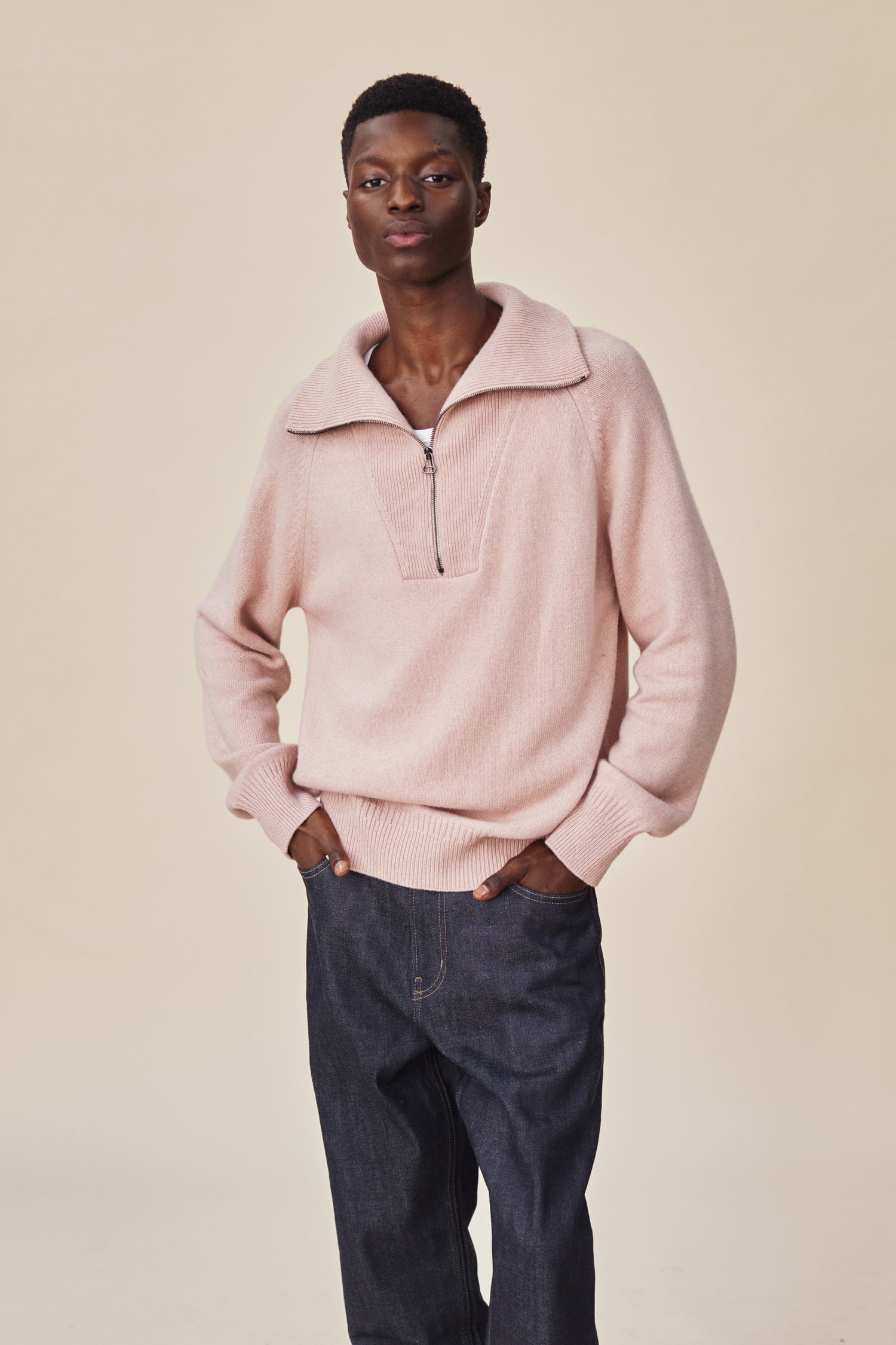 Pull col zippé en cachemire Rose Homme