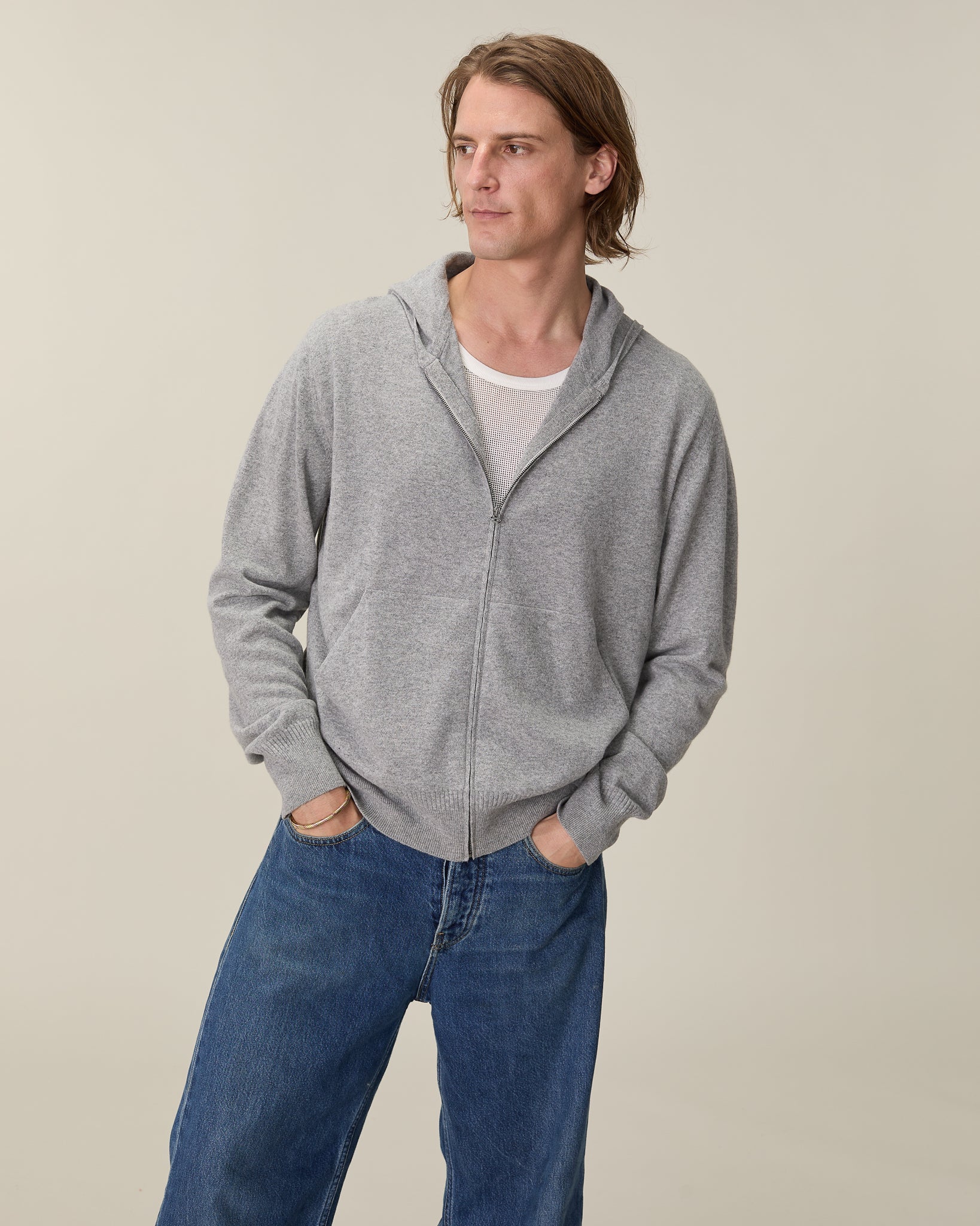 Light gray cashmere hoodie for men