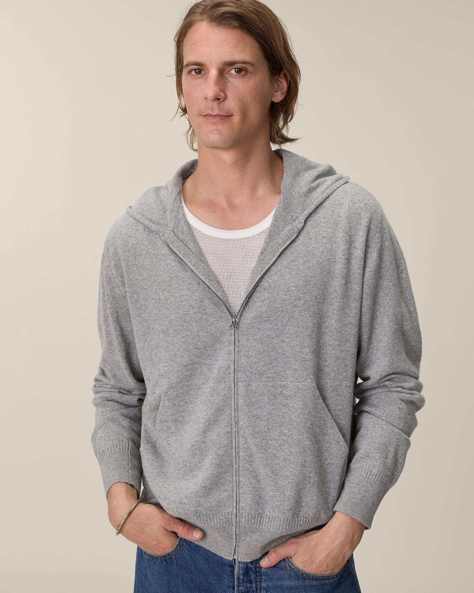 Light gray cashmere hoodie for men