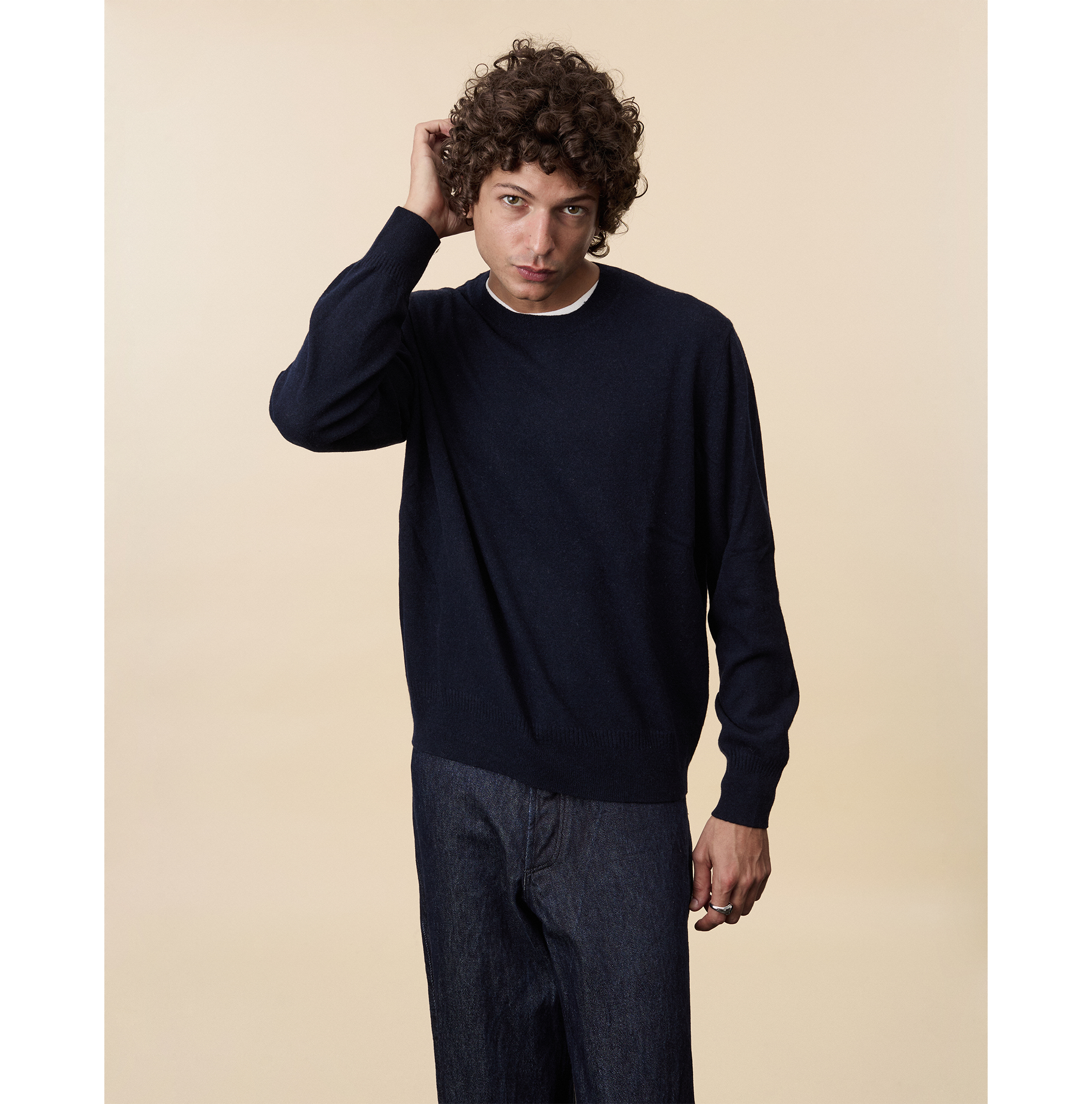 Pull col rond cachemire léger Marine foncé homme