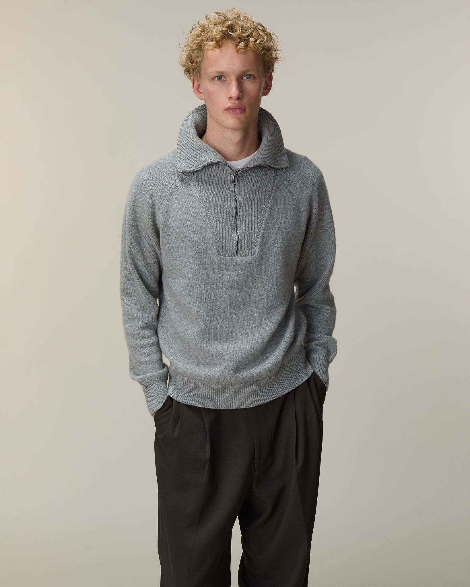 Men's gray cashmere zip collar
