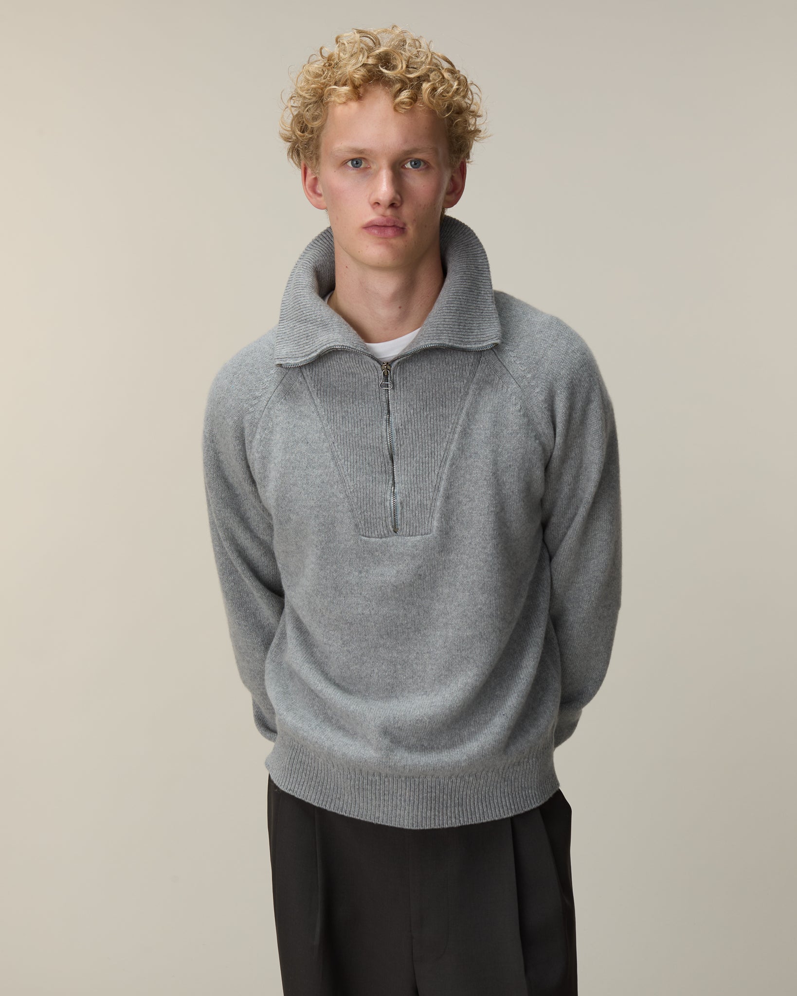 Men's gray cashmere zip collar