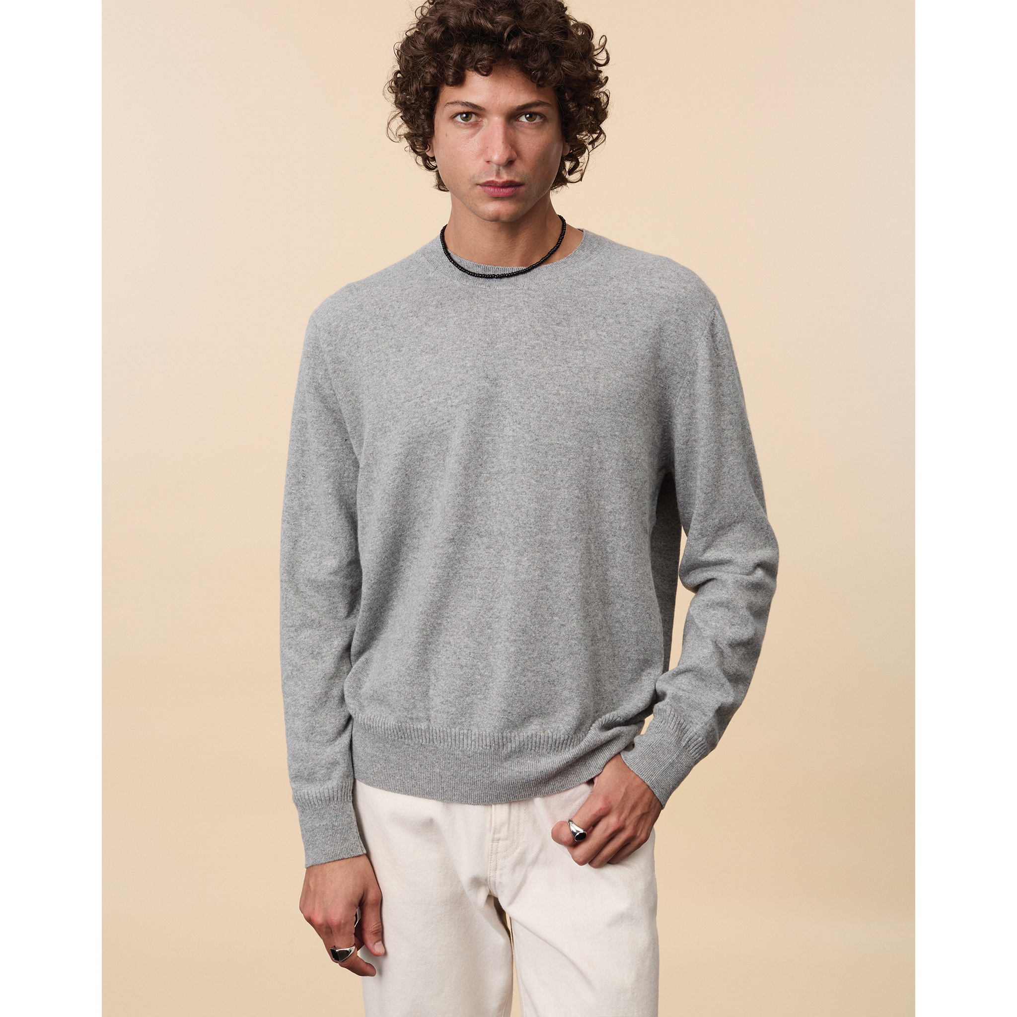 Pull col rond cachemire léger Gris clair homme