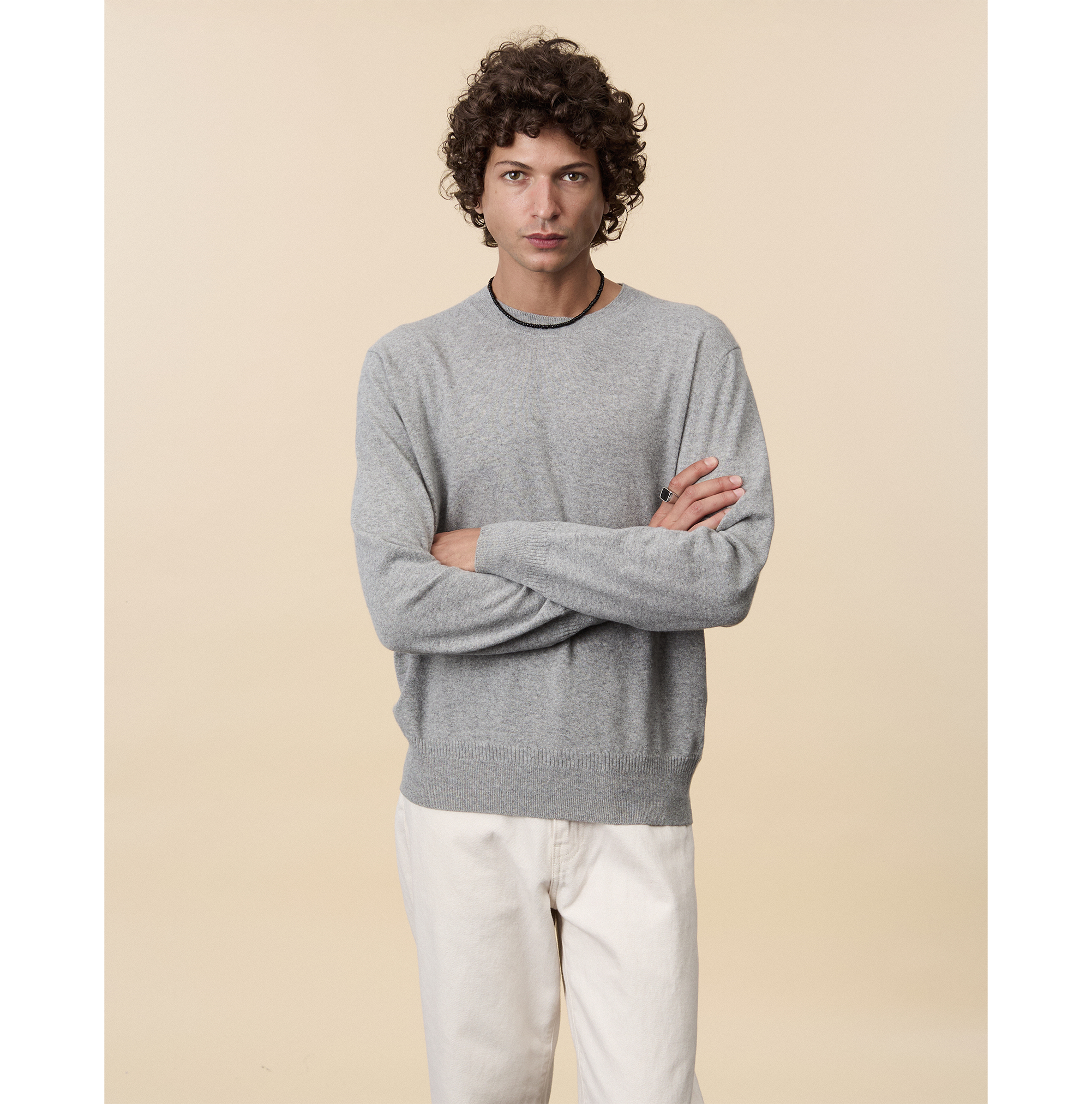 Pull col rond cachemire léger Gris clair homme