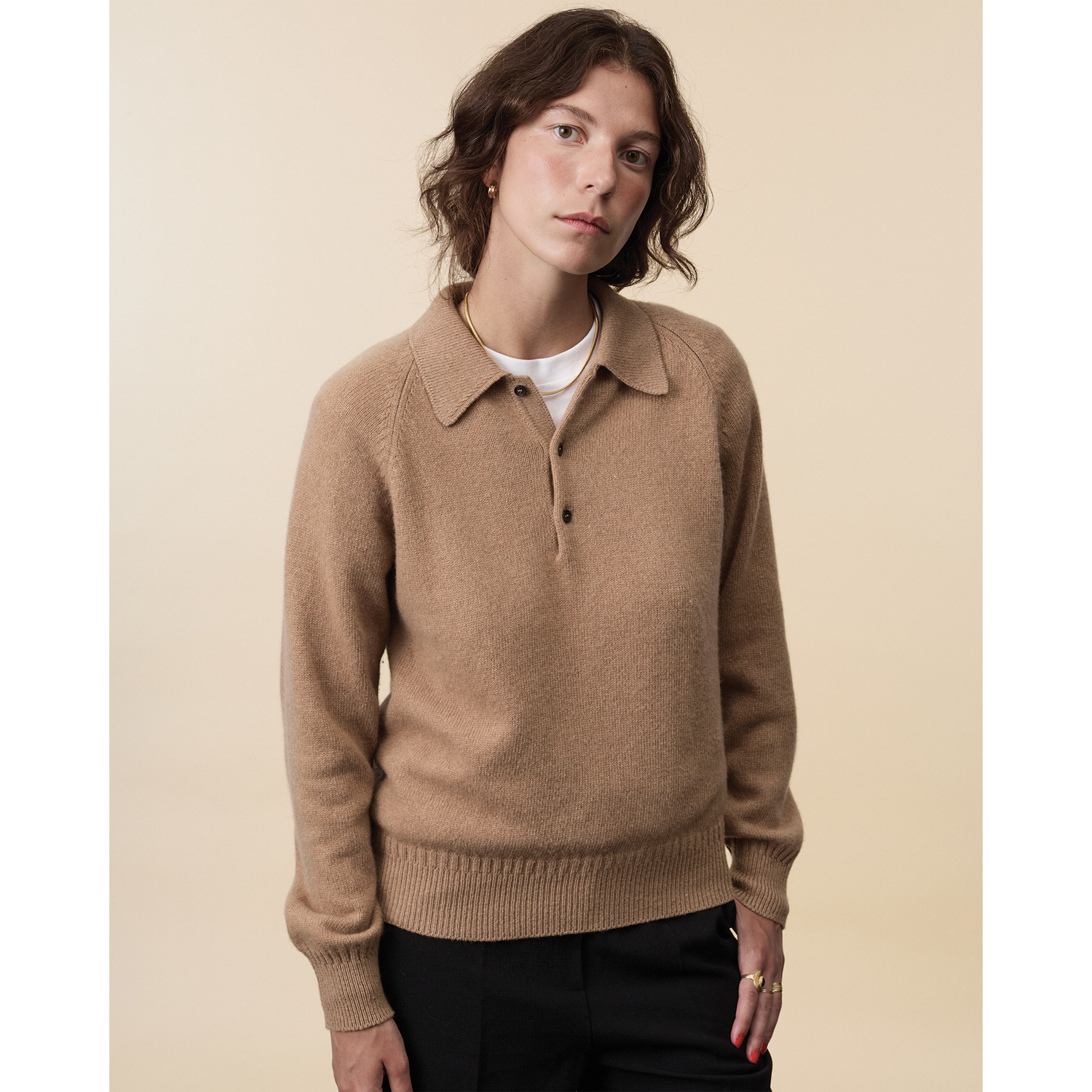 Polo en cachemire Camel Femme