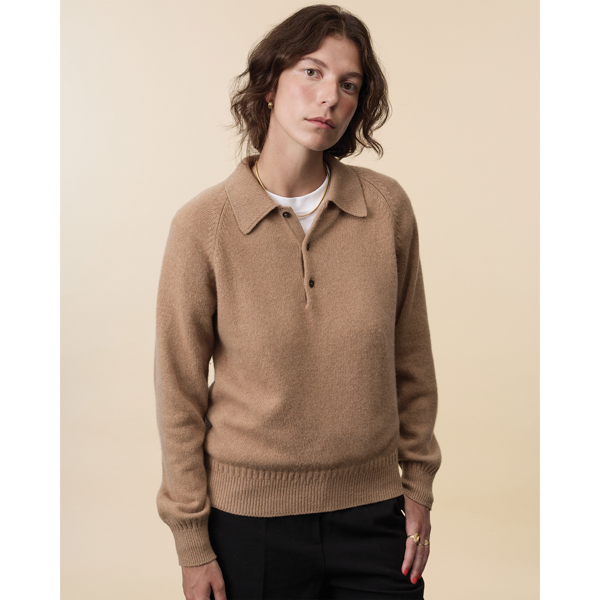 Polo en cachemire Camel Femme