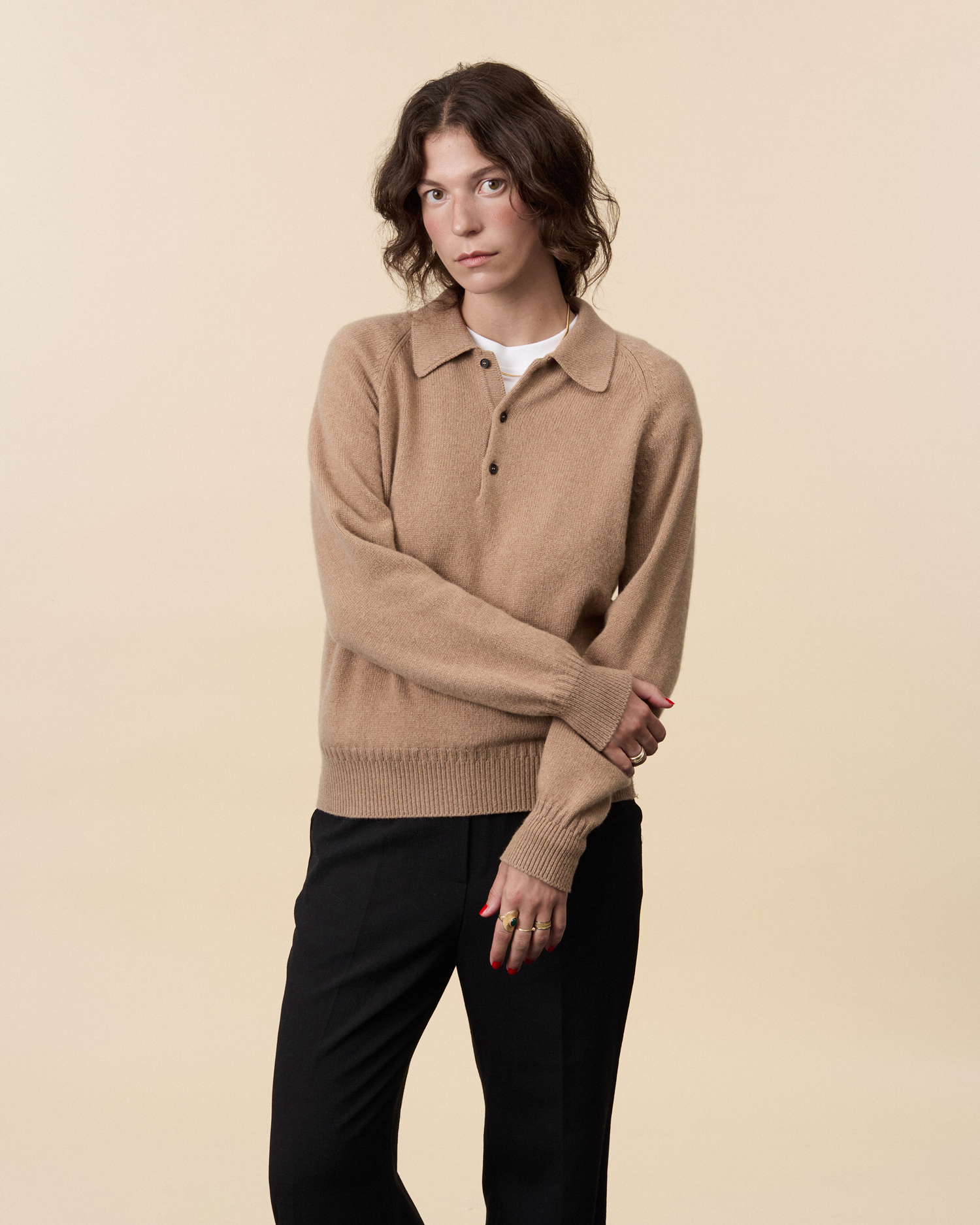 Polo en cachemire Camel Femme