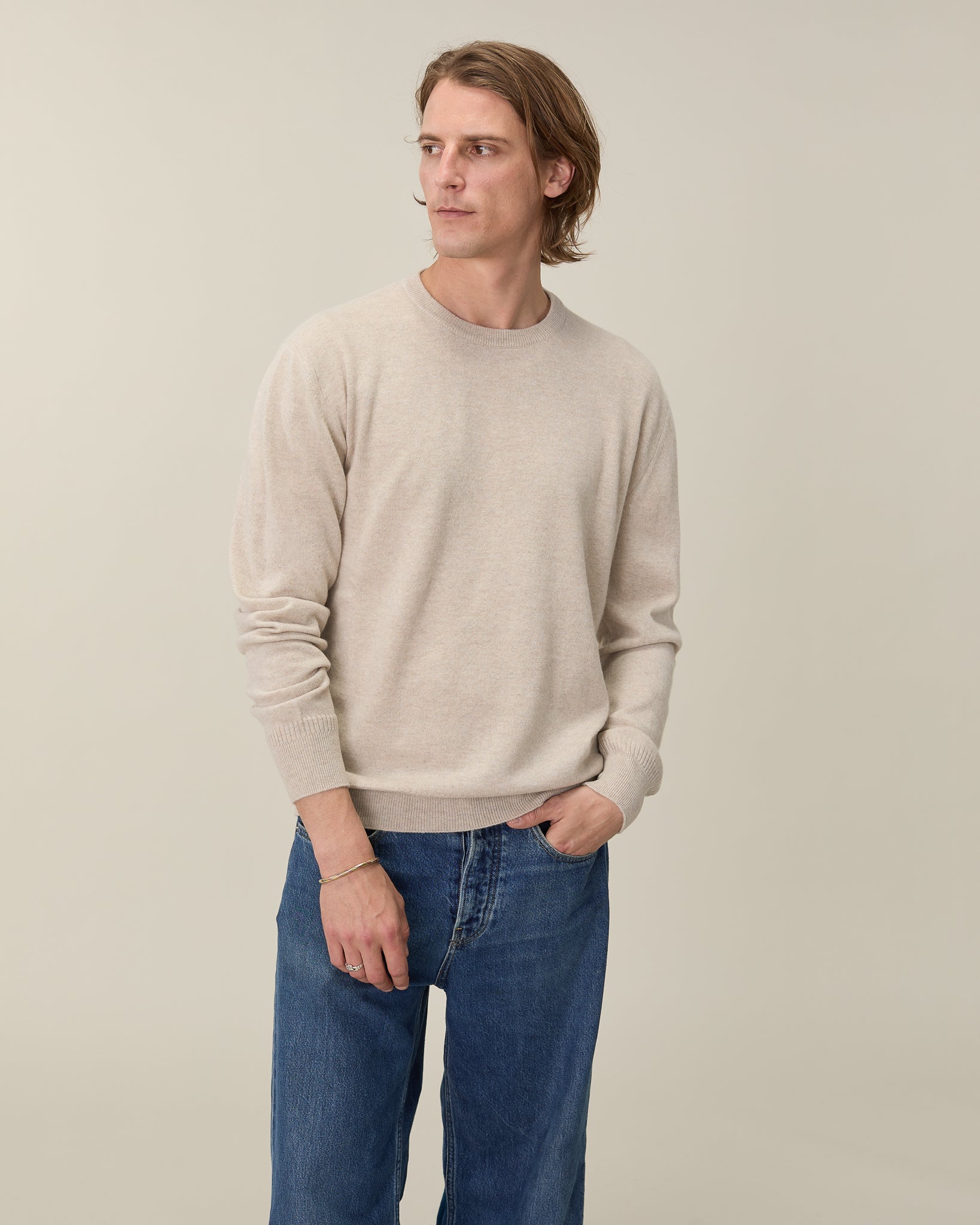 Pull col rond cachemire léger Sable homme - Tricot