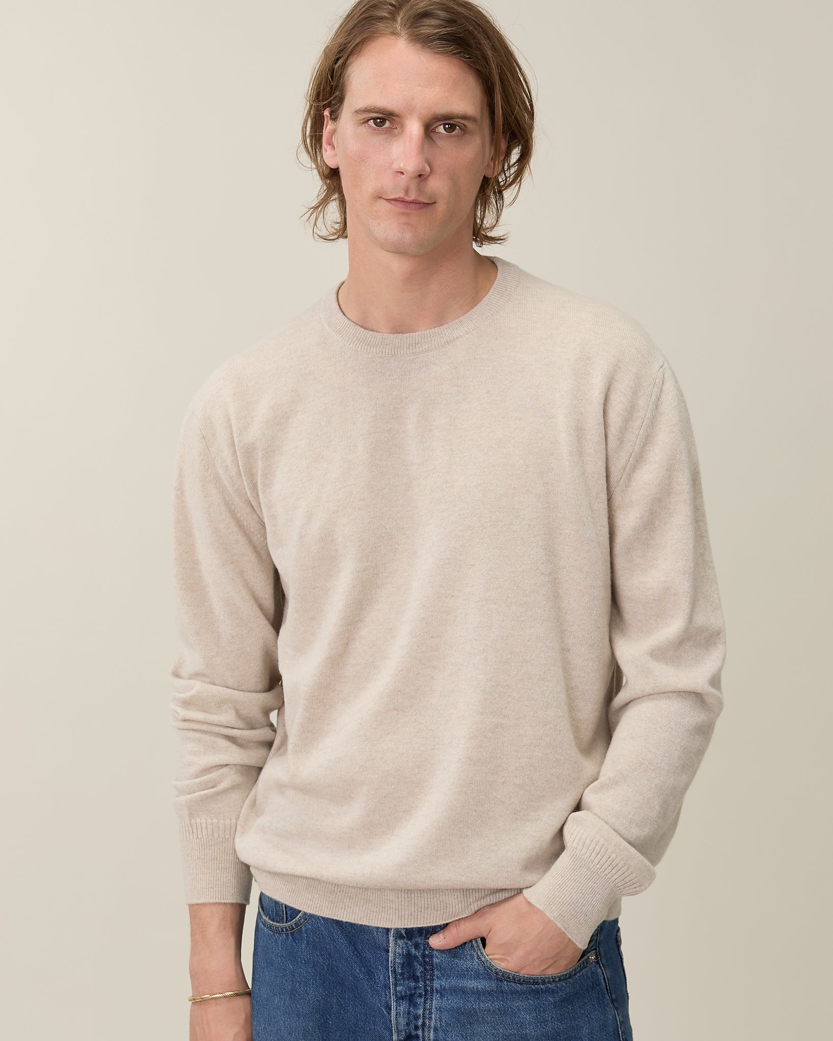 Pull col rond cachemire léger Sable homme - Tricot