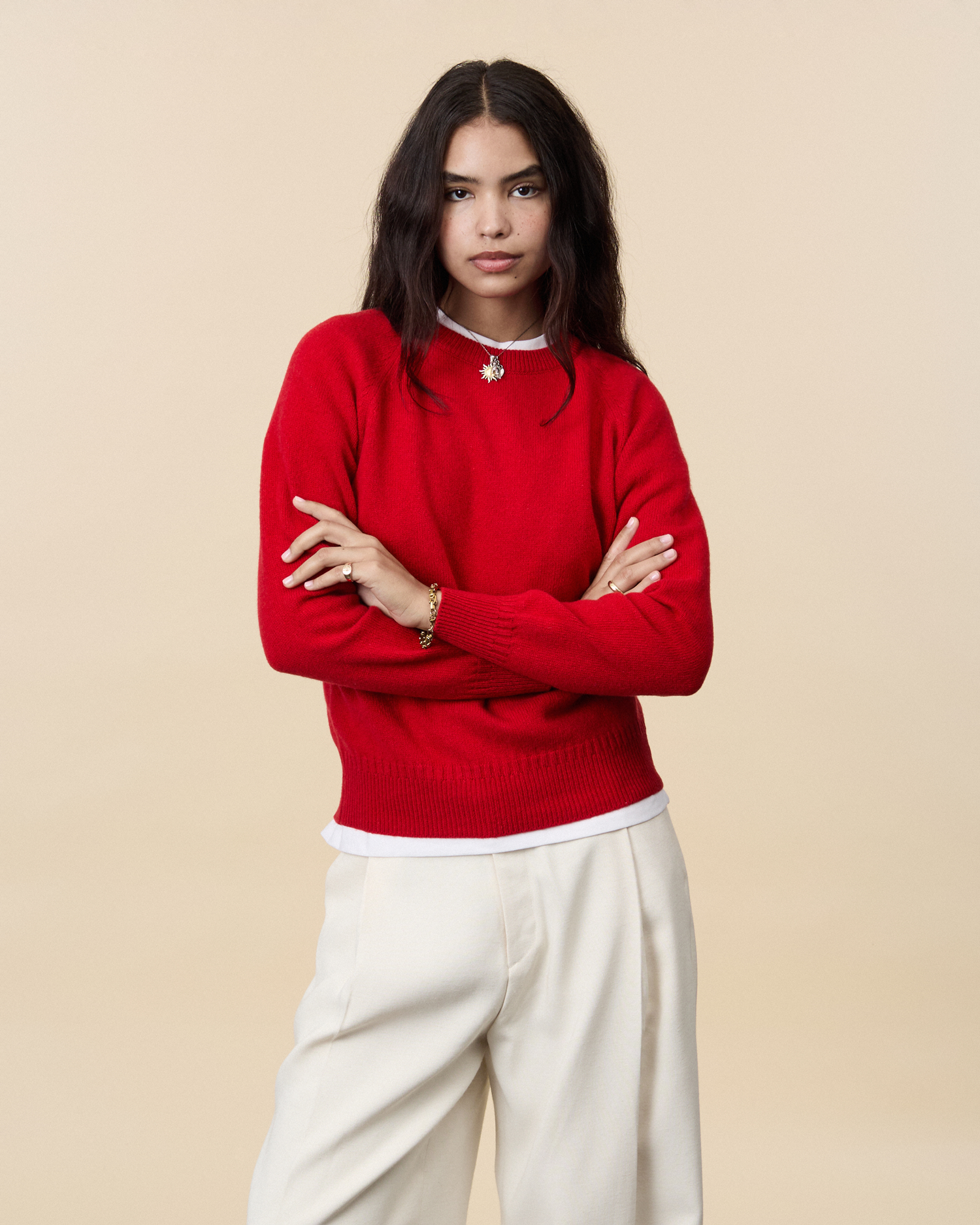 Pull col rond en cachemire Rouge Femme