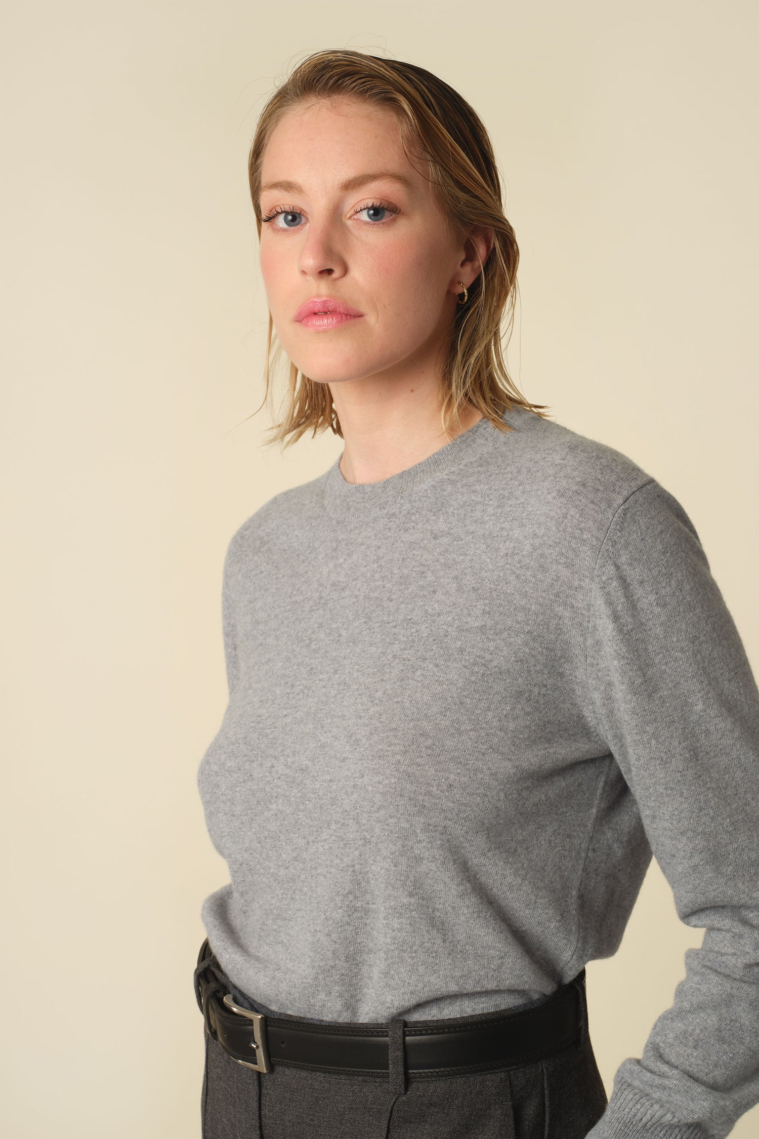 Pull col rond cachemire léger Gris clair femme