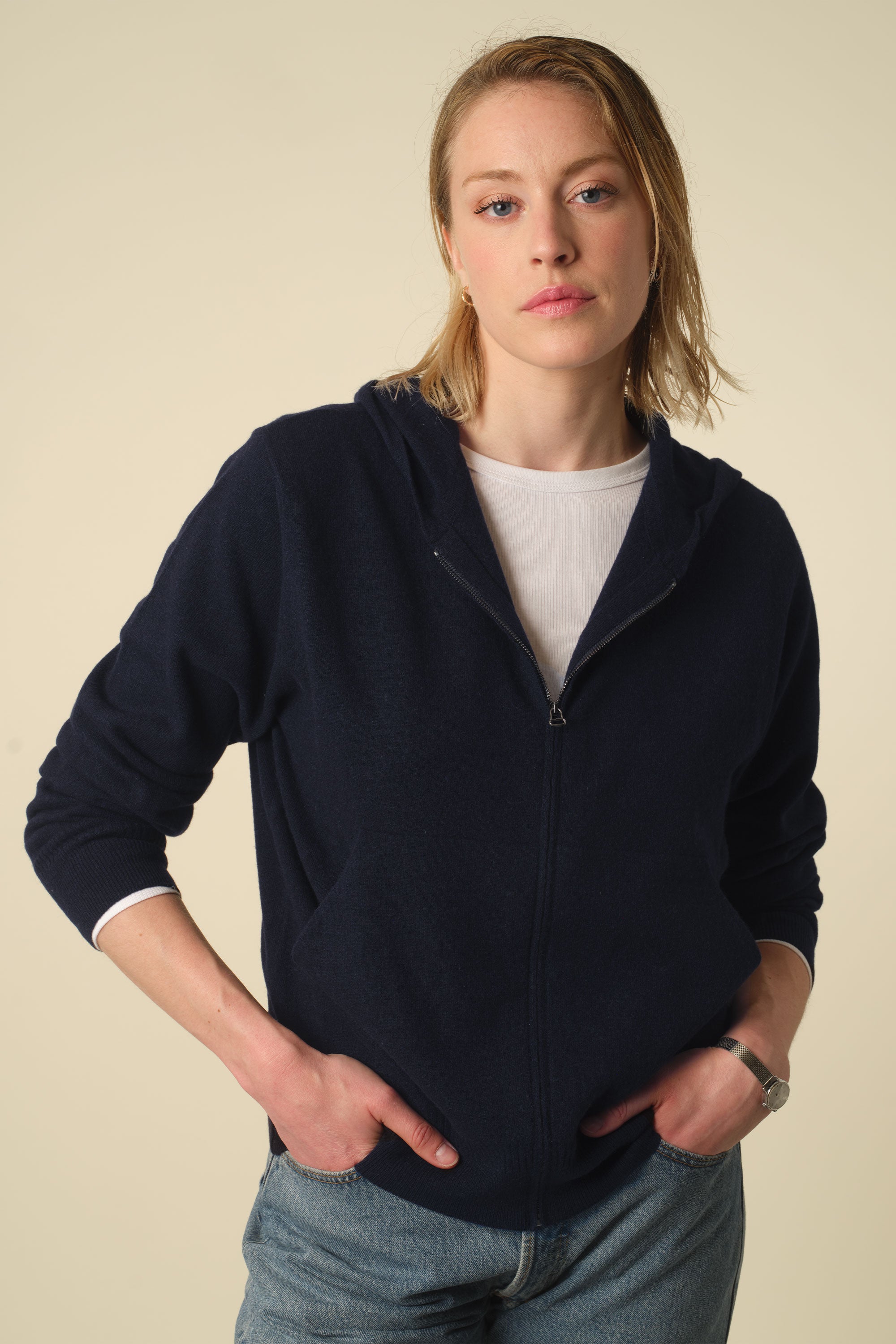 Hoodie cachemire léger Marine foncé femme