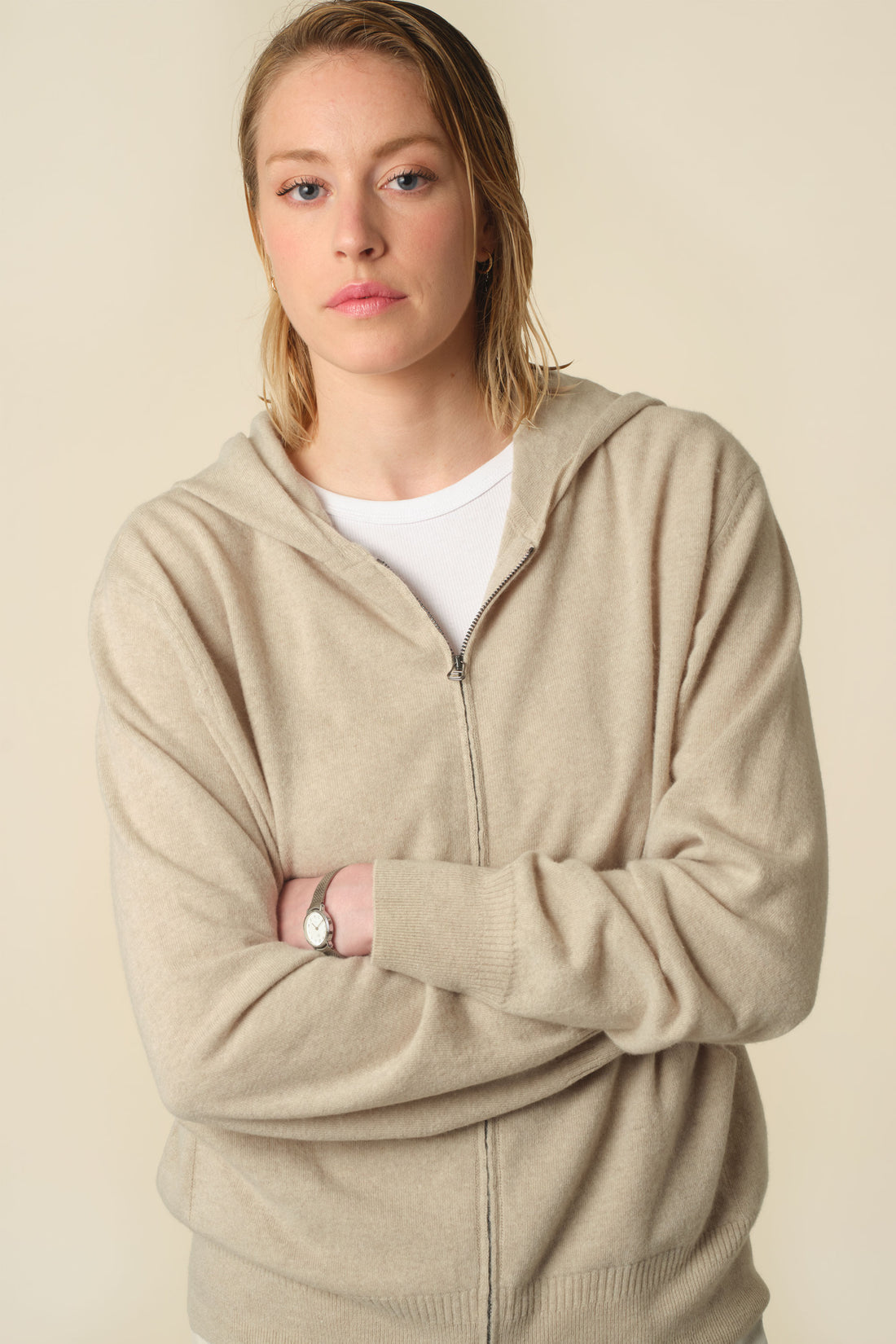 Women's light cashmere hoodie Sand