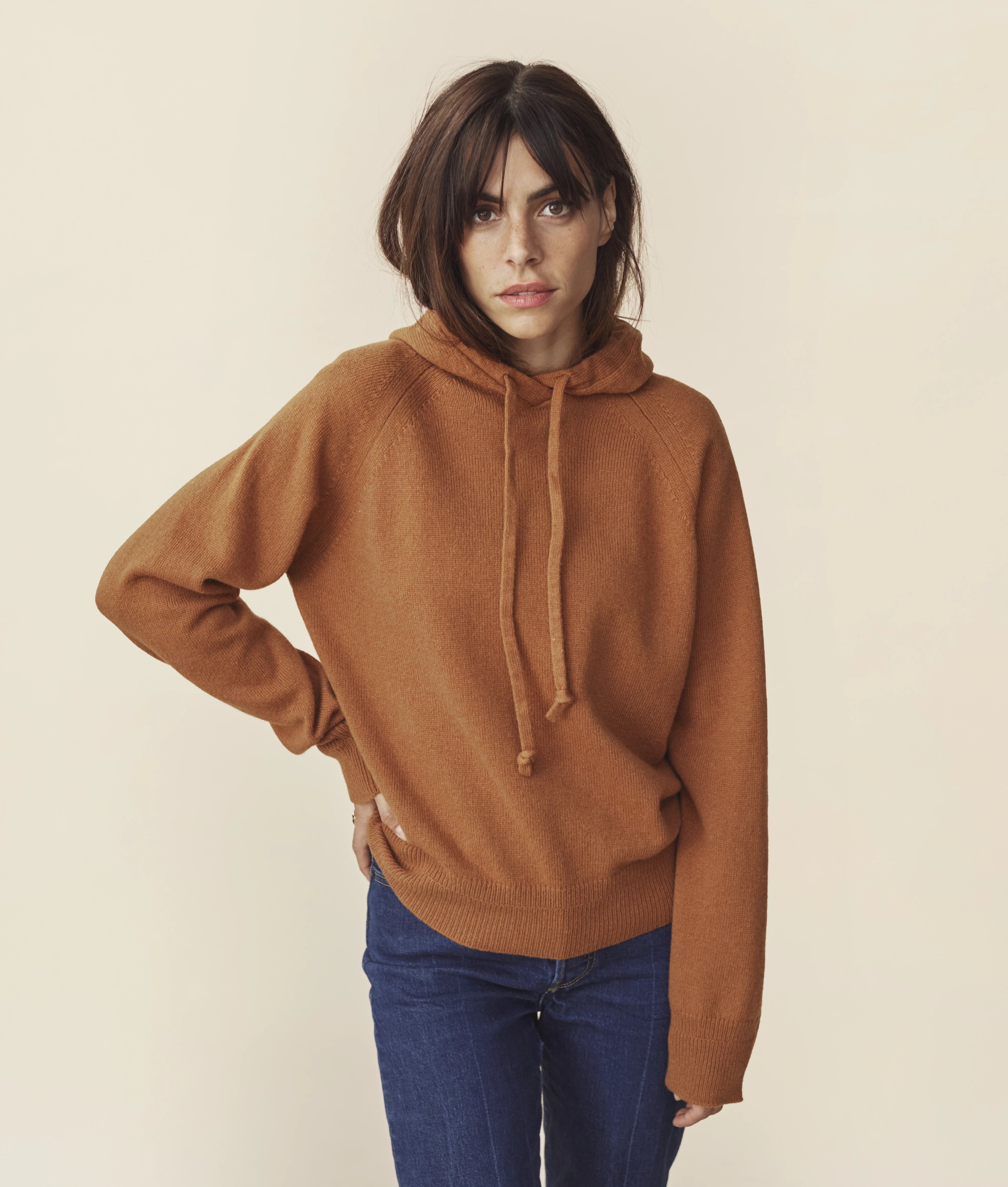 Pull à capuche en laine et cachemire Ocre Femme