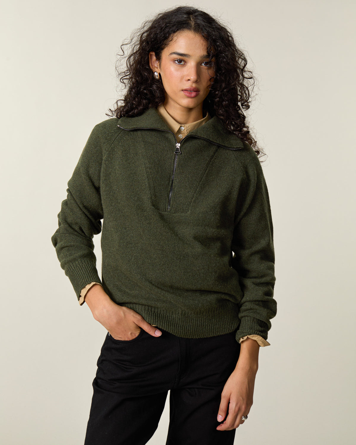 Pull col zippé en cachemire Kaki Femme
