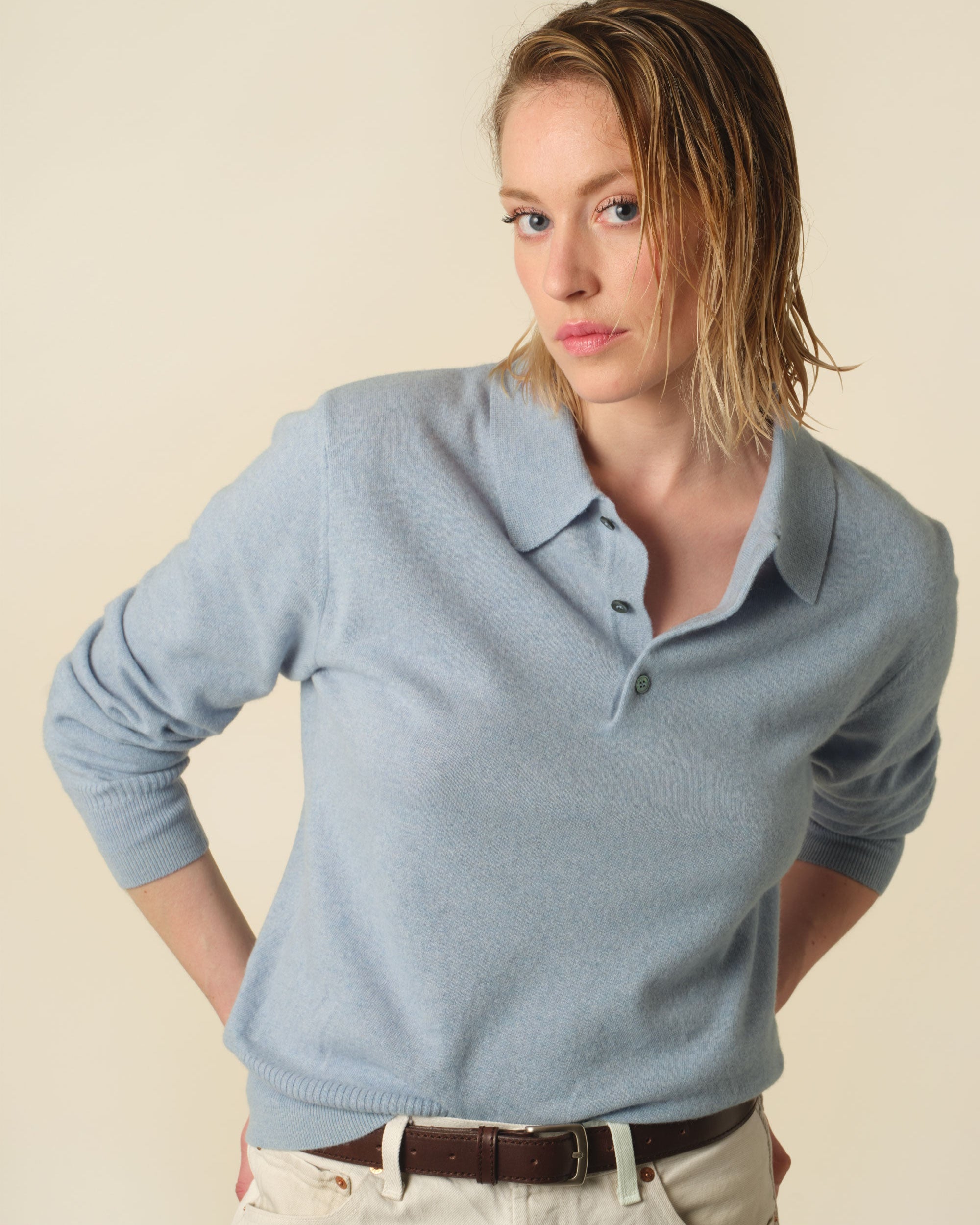 Polo cachemire léger Bleu ciel femme