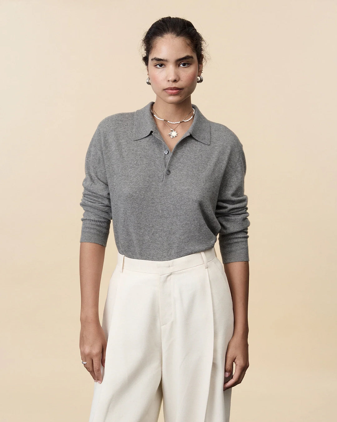 Polo cachemire léger Gris clair femme