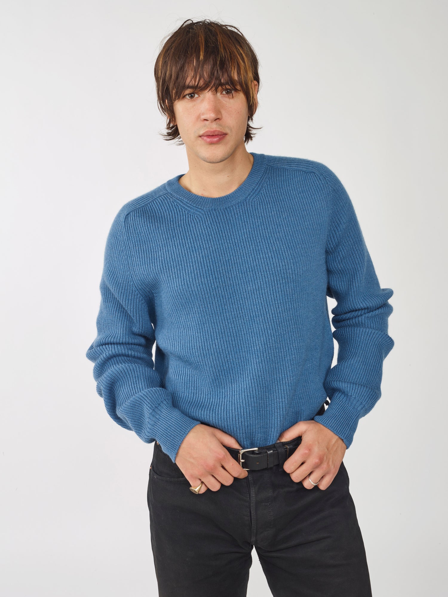 Pull à côtes en laine bio Bleu pour hommes