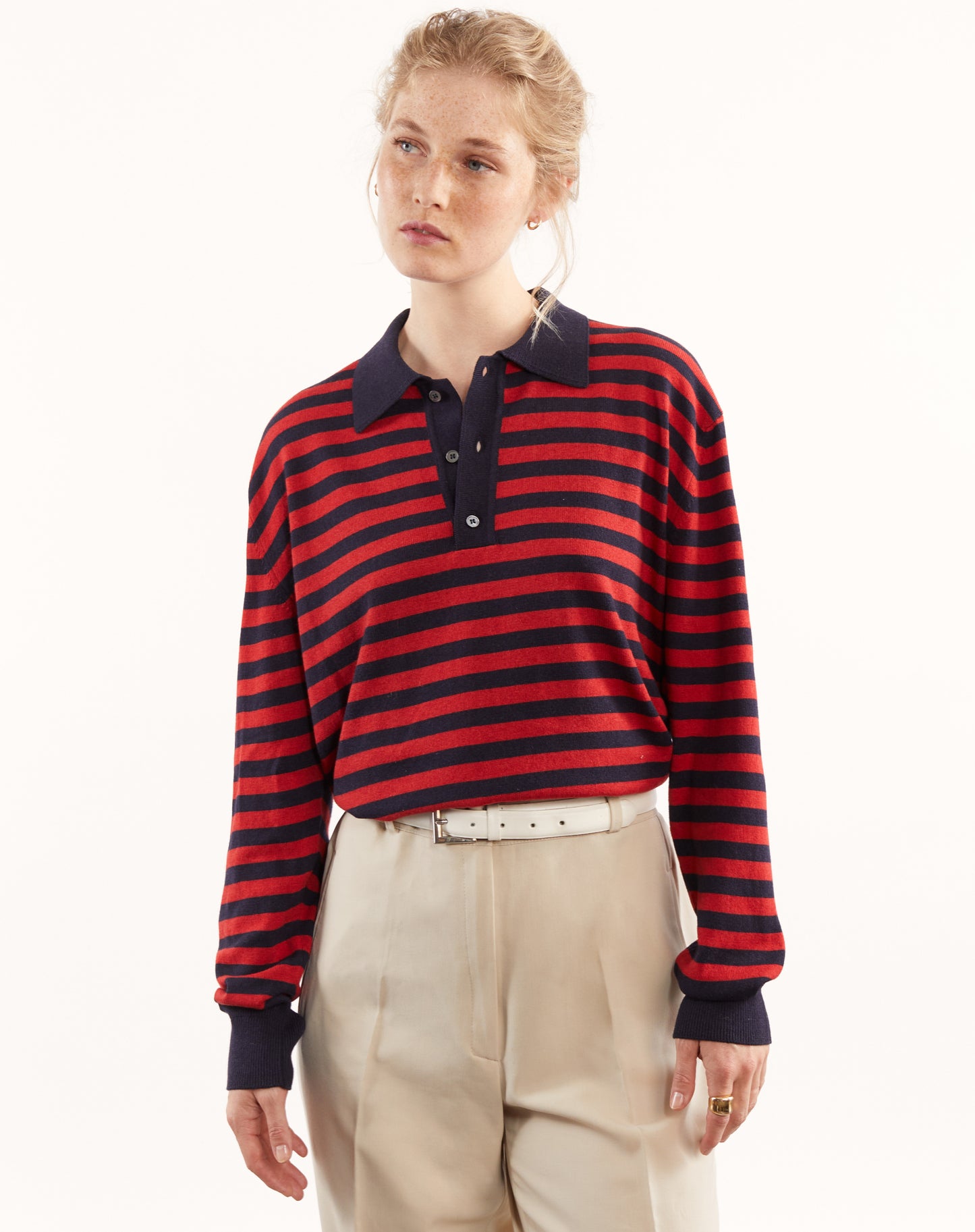 Polo à rayures en cachemire recyclé et coton Marine pour femmes