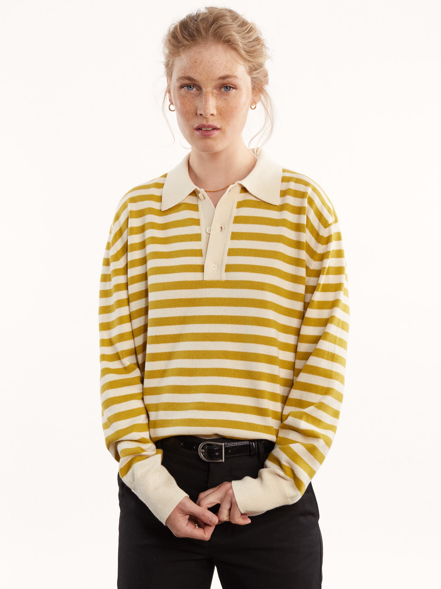 Polo à rayures en cachemire recyclé et coton Jaune pour femmes