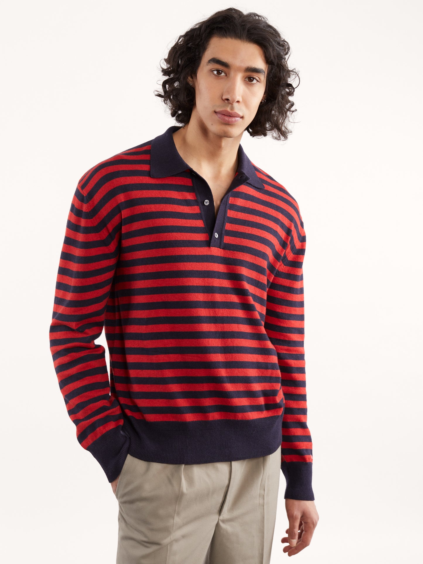 Polo à rayures en cachemire recyclé et coton Marine pour hommes