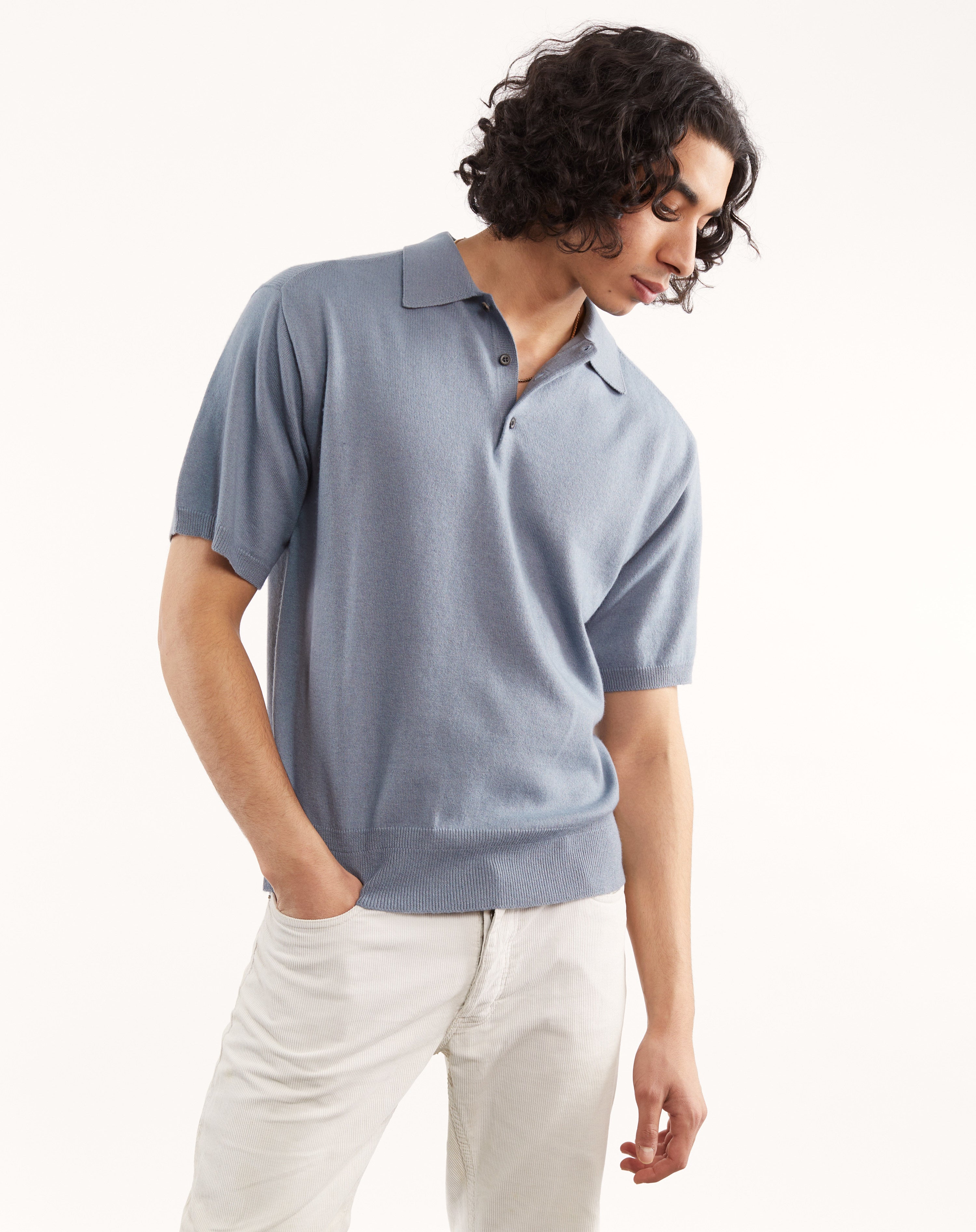 Polo cachemire et coton Bleu acier Homme - Tricot