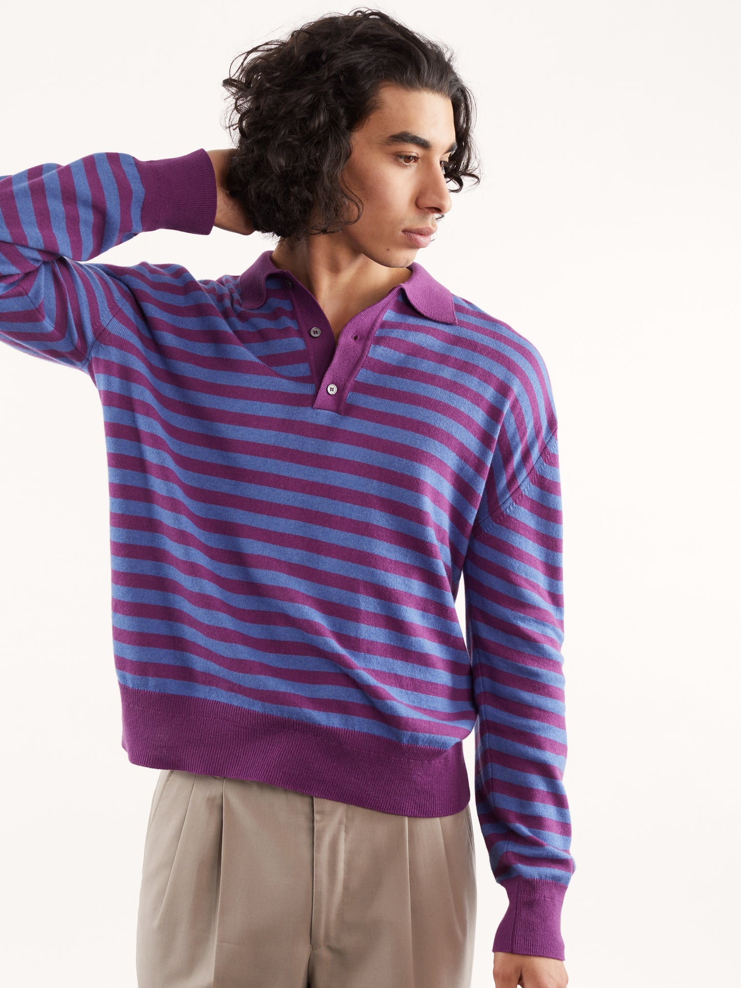 Polo à rayures en cachemire recyclé et coton Magenta pour hommes