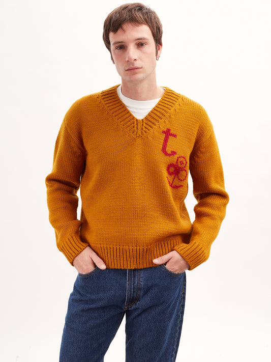 Pull col V tricot main Ocre pour hommes